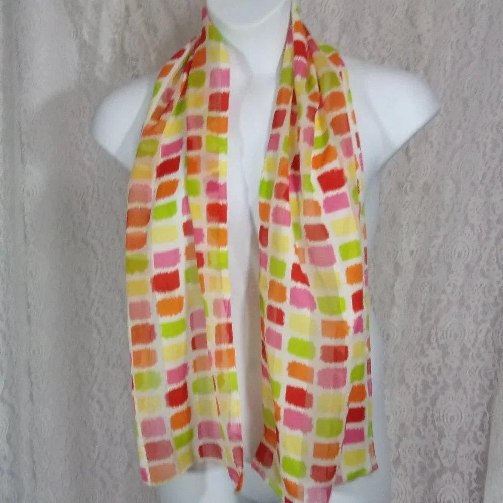 Oblong Scarf Multi Colored Blocks on a White Background NWOT